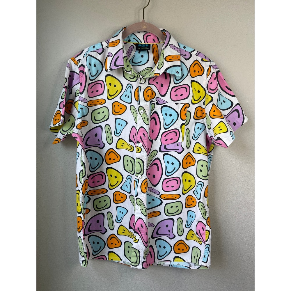ALab Button Down Shirt White Multi Color Smiley Face Print Short Sleeve Mens M